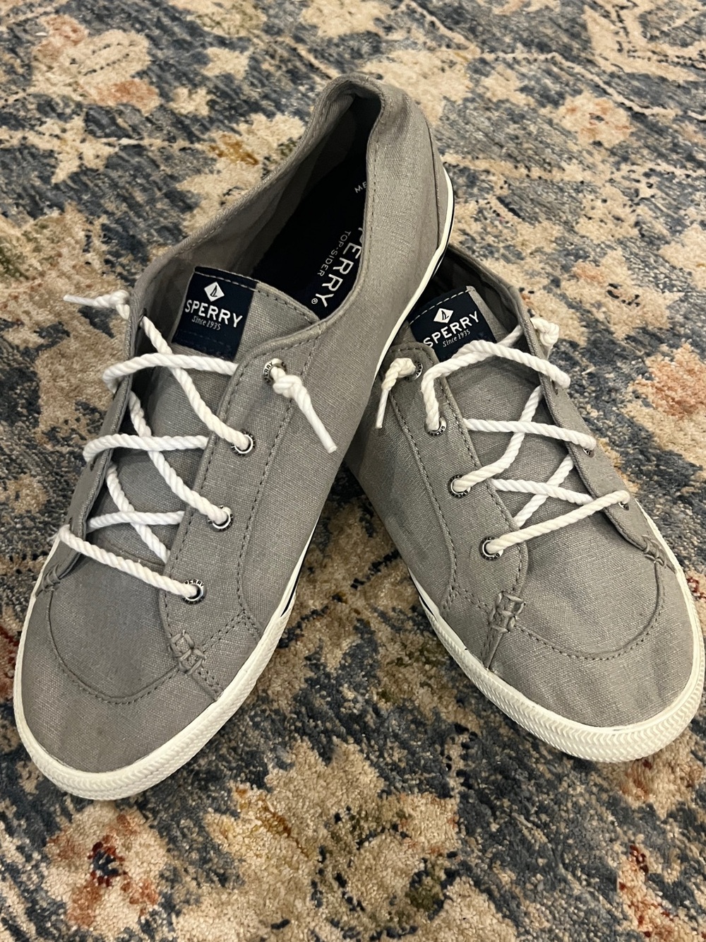 Sperry Gray Canvas Women’s Boat Sneakers with White Laces